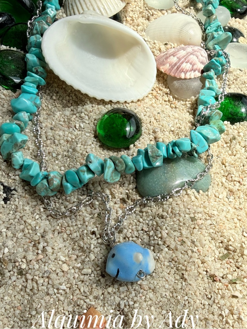Turquoise Chip Necklace with Blue Glass Fish Pendant - Women Jewelry